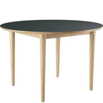 C62_Bjørk_Ø115cm_rozkładany_stół_drewniany_okrągły_naturalny_dąb_ciemnozielony_FDB_Mobler_ilumia